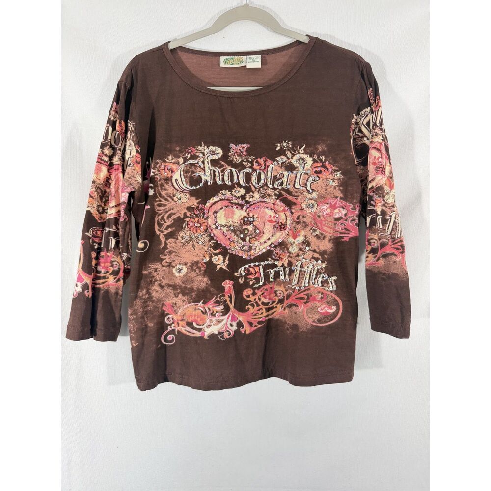 Collections Etc Women's M Brown Chocolate Truffles Rhinestone Long Sleeve Shirt